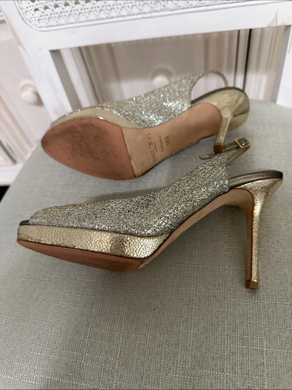 Jimmy Choo gold Glitter Peep-Toe Slingback Heels